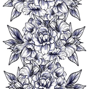 Sorunsuz vintage tarzı tek renkli renkli çiçek deseni. Çiçek öğeleri.