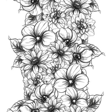 Sorunsuz vintage tarzı çiçek deseni. Siyah ve beyaz çiçek öğeleri.