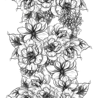 Sorunsuz vintage tarzı çiçek deseni. Siyah ve beyaz çiçek öğeleri.