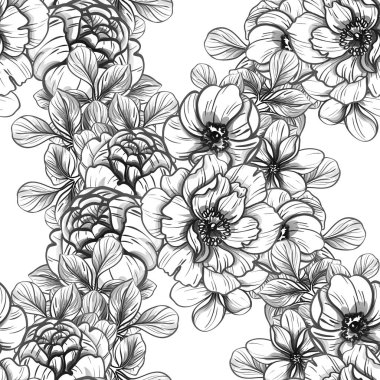 Sorunsuz vintage tarzı çiçek deseni. Siyah ve beyaz çiçek öğeleri.