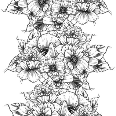 Sorunsuz vintage tarzı çiçek deseni. Siyah ve beyaz çiçek öğeleri.