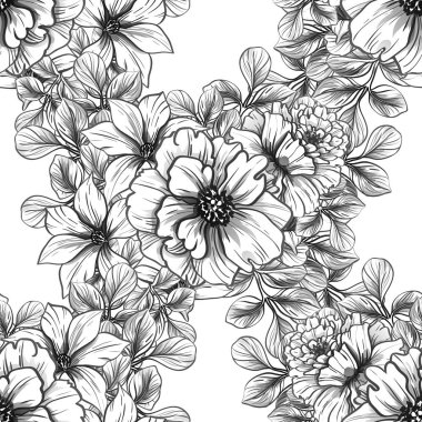 Sorunsuz vintage tarzı çiçek deseni. Siyah ve beyaz çiçek öğeleri.