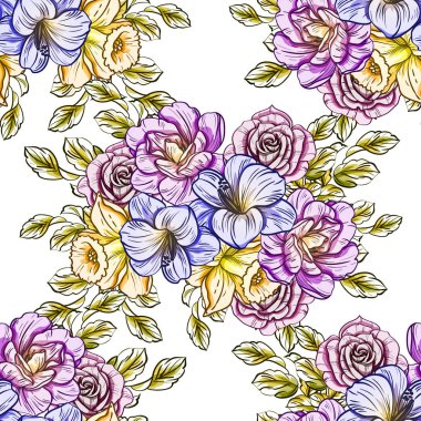 Sorunsuz vintage tarzı çiçek deseni. Renkli çiçek öğeleri