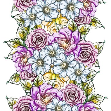 Sorunsuz vintage tarzı çiçek deseni. Renkli çiçek öğeleri