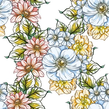 Sorunsuz vintage tarzı çiçek deseni. Renkli çiçek öğeleri