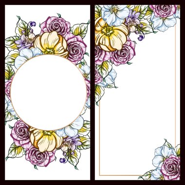 Vintage tarzı çiçek aşk seti kartları. Çiçek öğeleri ve çerçeveler.