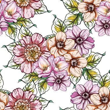 Sorunsuz vintage tarzı çiçek deseni. Renkli çiçek öğeleri