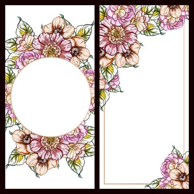 Vintage tarzı çiçek aşk seti kartları. Çiçek öğeleri ve çerçeveler.