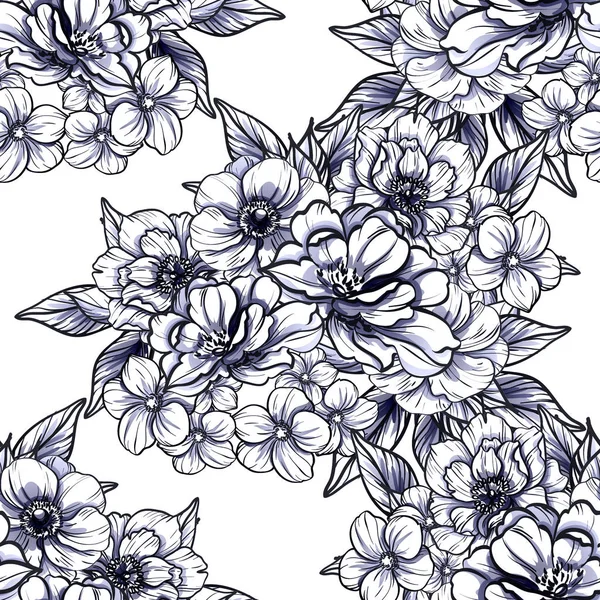 Modèle Fleur Monochrome Sans Couture Style Vintage Éléments Floraux — Image vectorielle