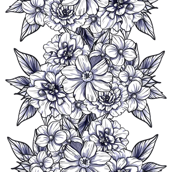 Naadloze Vintage Stijl Zwart Wit Gekleurde Bloemenpatroon Floral Elementen — Stockvector