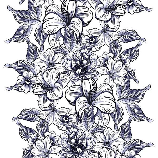 Estilo Vintage Inconsútil Patrón Flores Color Monocromo Elementos Florales — Vector de stock