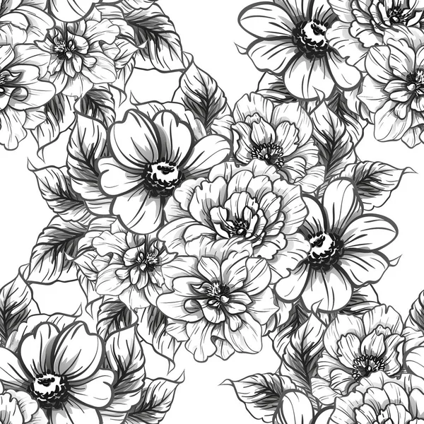 Patrón Flores Estilo Vintage Sin Costuras Elementos Florales Blanco Negro — Archivo Imágenes Vectoriales