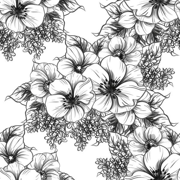 Patrón Flores Estilo Vintage Sin Costuras Elementos Florales Blanco Negro — Archivo Imágenes Vectoriales