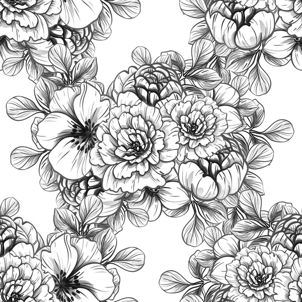 Naadloze Vintage Stijl Bloemenpatroon Floral Elementen Zwart Wit — Stockvector