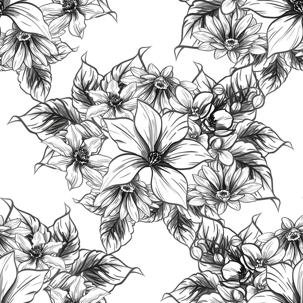 Patrón Flores Estilo Vintage Sin Costuras Elementos Florales Blanco Negro — Vector de stock