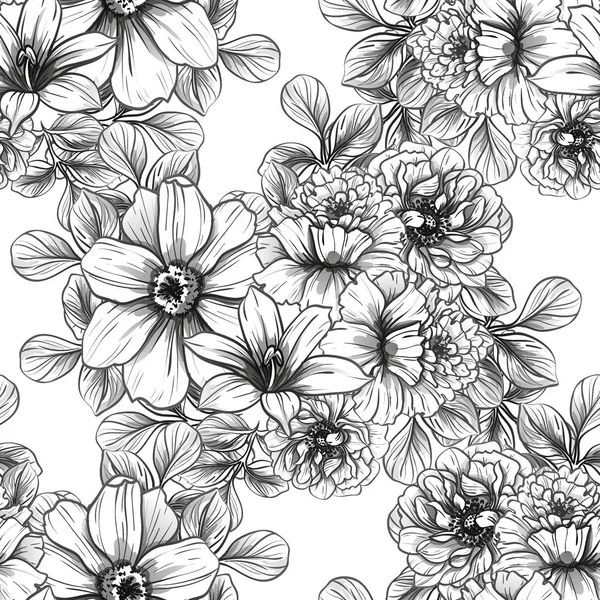 Seamless Vintage Style Flower Pattern Floral Elements Black White — Stock Vector