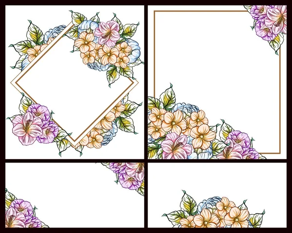 Vintage Style Flower Love Cards Set Floral Elements Frames — Stock Vector