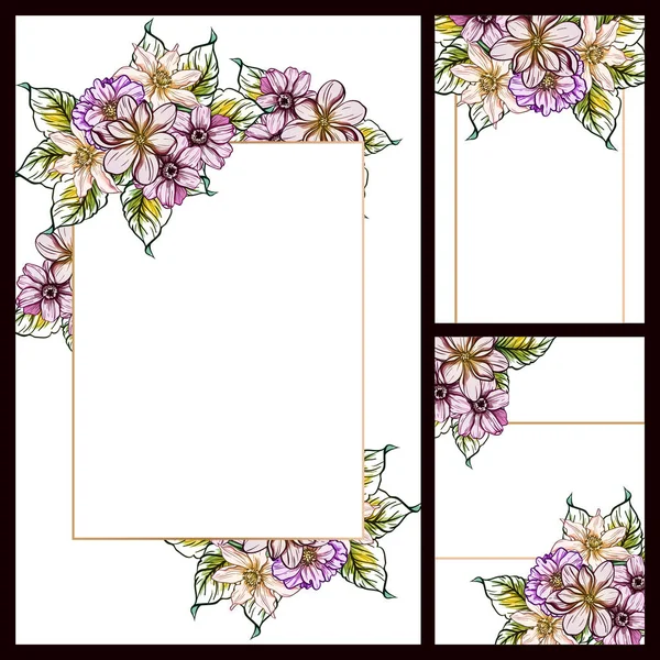 复古风格的花爱情卡集 花卉元素和框架 — 图库矢量图片