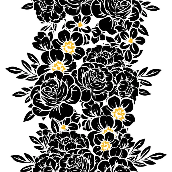 Saumaton Vintage Tyyli Kukka Kuvio Kukka Elementtejä Musta Valkoinen Keltainen — vektorikuva