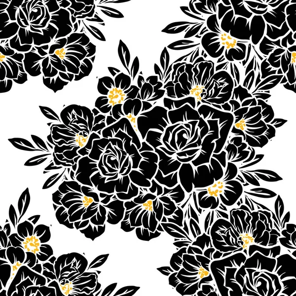 Sorunsuz Vintage Tarzı Çiçek Deseni Siyah Beyaz Sarı Çiçek Öğeleri — Stok Vektör