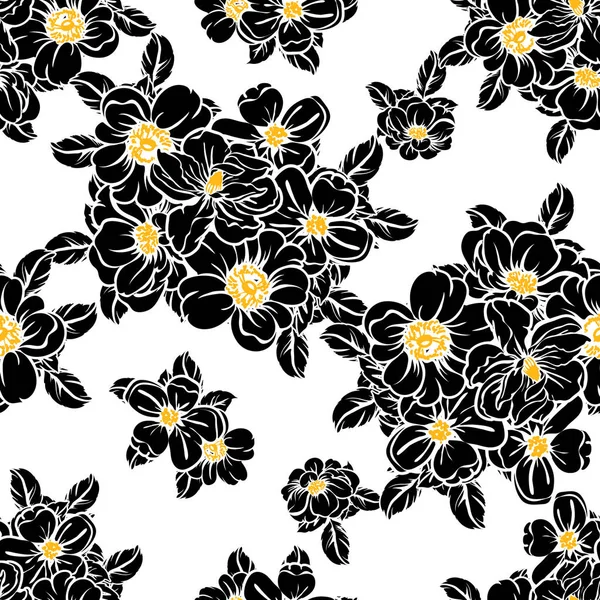 Padrão Flor Estilo Vintage Sem Costura Elementos Florais Preto Branco — Vetor de Stock