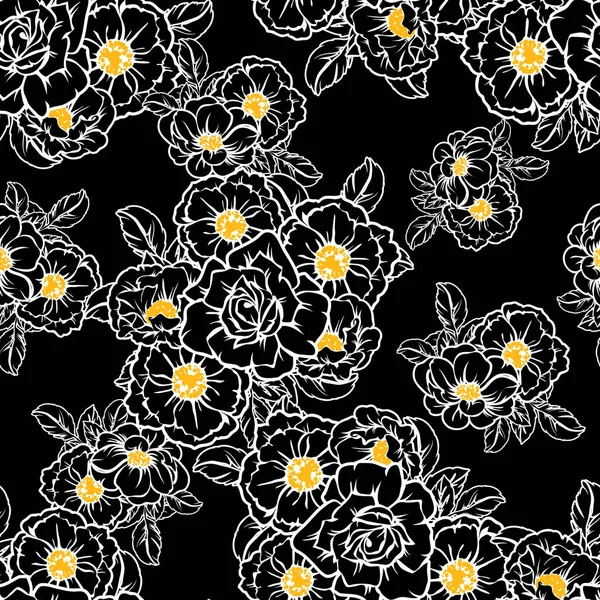 Patrón Flores Estilo Vintage Sin Costuras Elementos Florales Negro Blanco — Archivo Imágenes Vectoriales