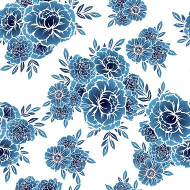 Sorunsuz vintage tarzı tek renkli koyu mavi renkli çiçek deseni. Çiçek öğeleri.