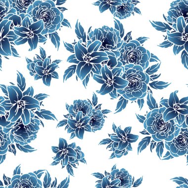 Sorunsuz vintage tarzı tek renkli koyu mavi renkli çiçek deseni. Çiçek öğeleri.