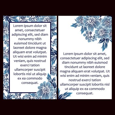 Eski tarz çiçek koyu mavi düğün kartları seti. Çiçek elementleri ve çerçeveleri.