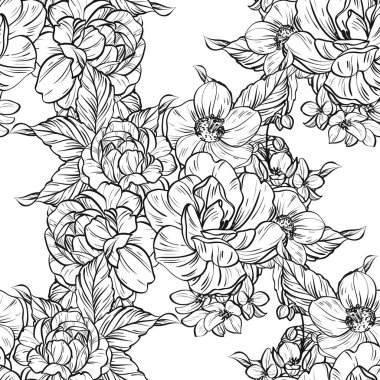 Sorunsuz vintage tarzı çiçek deseni. Siyah ve beyaz çiçek öğeleri.