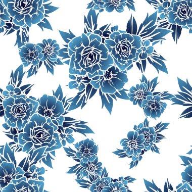 Sorunsuz vintage tarzı tek renkli koyu mavi renkli çiçek deseni. Çiçek öğeleri.