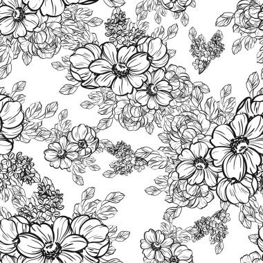 Sorunsuz vintage tarzı çiçek deseni. Siyah ve beyaz çiçek öğeleri.