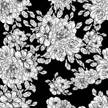 Sorunsuz vintage tarzı çiçek deseni. Siyah ve beyaz çiçek öğeleri.