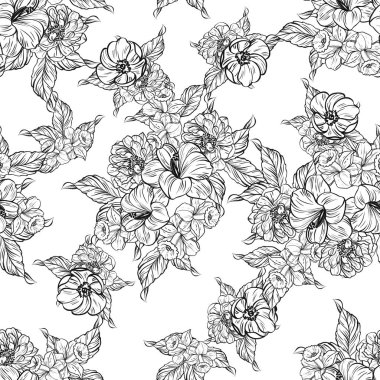 Sorunsuz vintage tarzı çiçek deseni. Siyah ve beyaz çiçek öğeleri.