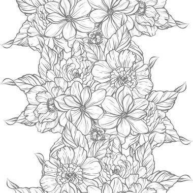 Sorunsuz vintage tarzı çiçek deseni. Siyah ve beyaz çiçek öğeleri.