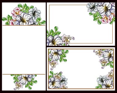 Klasik çiçek düğün kartları seti. Çiçek elementleri ve çerçeveleri.