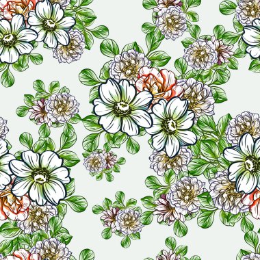 Sorunsuz vintage tarzı parlak çiçek deseni. Renkli çiçek öğeleri