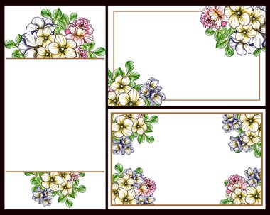 Klasik çiçek düğün kartları seti. Çiçek elementleri ve çerçeveleri.