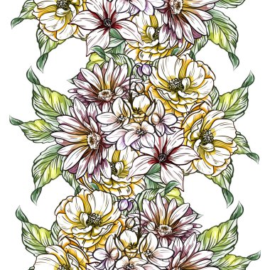 Sorunsuz vintage tarzı parlak çiçek deseni. Renkli çiçek öğeleri