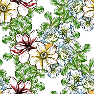 Sorunsuz vintage tarzı parlak çiçek deseni. Renkli çiçek öğeleri