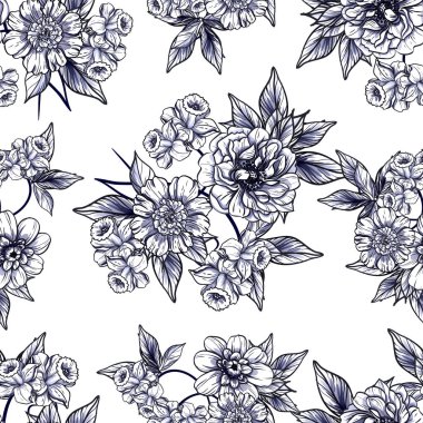 Sorunsuz vintage tarzı koyu mavi çiçek deseni. Çiçek öğeleri.