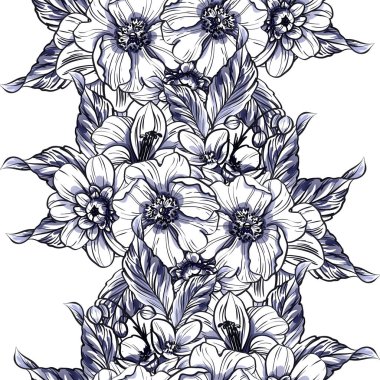 Sorunsuz vintage tarzı koyu mavi çiçek deseni. Çiçek öğeleri.