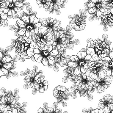 Sorunsuz vintage tarzı çiçek deseni. Siyah ve beyaz çiçek öğeleri.