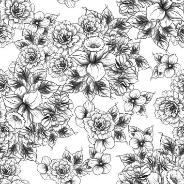 Sorunsuz vintage tarzı çiçek deseni. Siyah ve beyaz çiçek öğeleri.