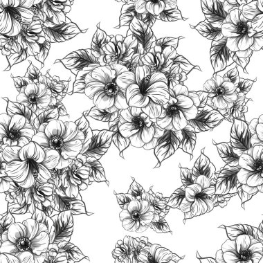 Sorunsuz vintage tarzı çiçek deseni. Siyah ve beyaz çiçek öğeleri.