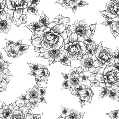 Sorunsuz vintage tarzı çiçek deseni. Siyah ve beyaz çiçek öğeleri.