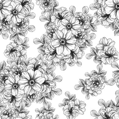 Sorunsuz vintage tarzı çiçek deseni. Siyah ve beyaz çiçek öğeleri.