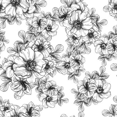 Sorunsuz vintage tarzı çiçek deseni. Siyah ve beyaz çiçek öğeleri.