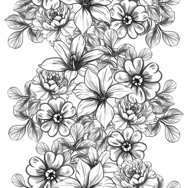 Sorunsuz vintage tarzı çiçek deseni. Siyah ve beyaz çiçek öğeleri.