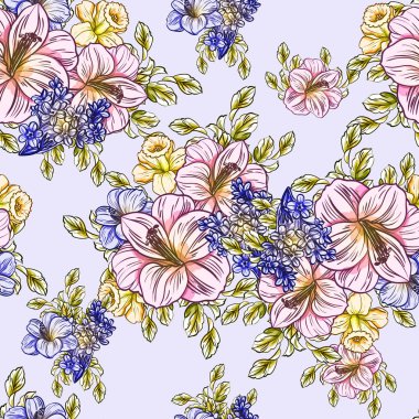 Sorunsuz vintage tarzı parlak çiçek deseni. Renkli çiçek öğeleri